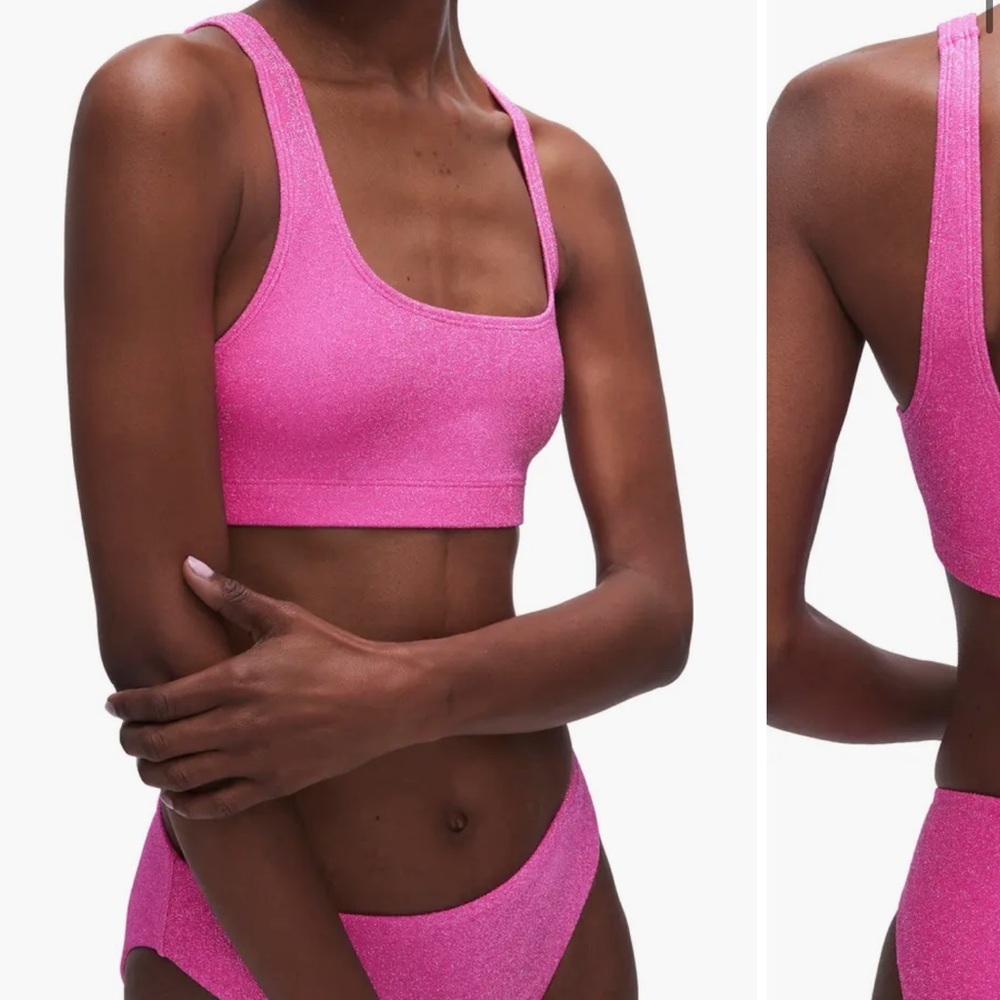 Brand New Women's Good American Pink Glitter Bikini Top and Bottoms.